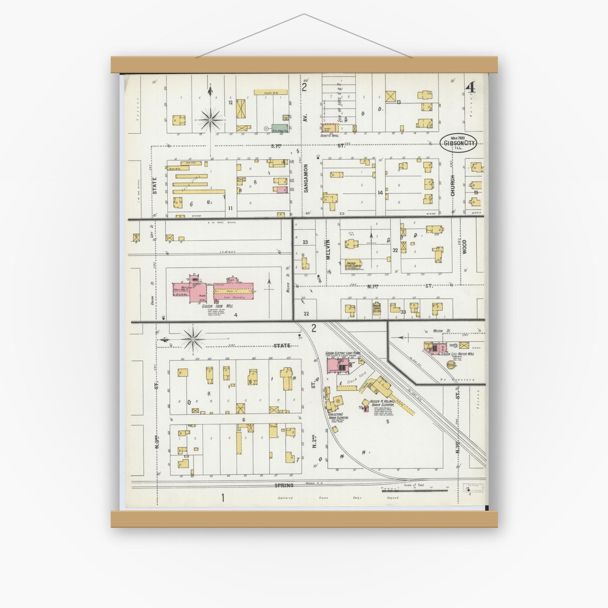 Old map wall art mockup — magnetic wood frame on white wall — Sanborn Fire Insurance Map from Gibson City, Ford County, Illinois (1900), Sheet #0004