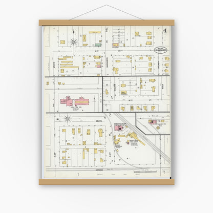 Old map wall art mockup — magnetic wood frame on white wall — Sanborn Fire Insurance Map from Gibson City, Ford County, Illinois (1900), Sheet #0004