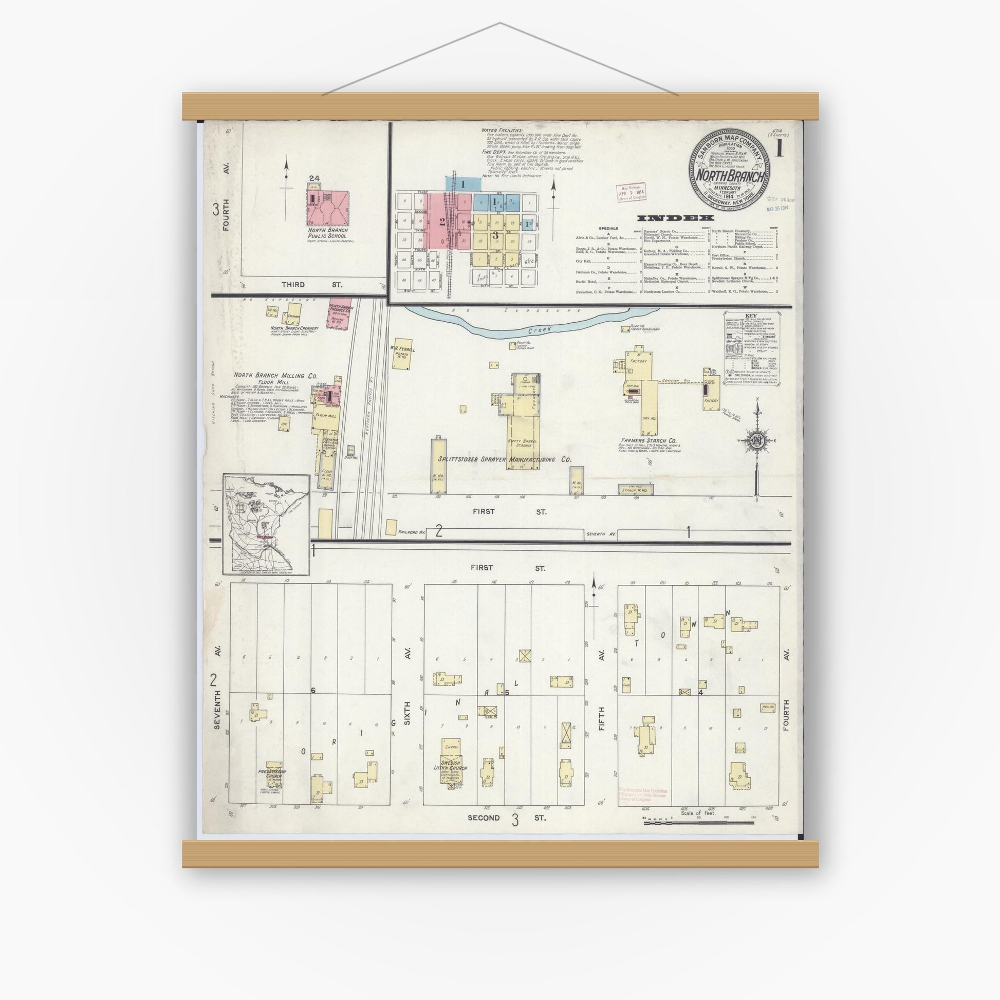 Old map wall art mockup — magnetic wood frame on white wall — Sanborn Fire Insurance Map from North Branch, Chisago County, Minnesota (1914), Sheet #0001