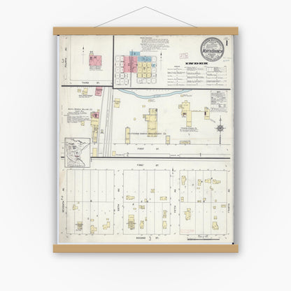 Old map wall art mockup — magnetic wood frame on white wall — Sanborn Fire Insurance Map from North Branch, Chisago County, Minnesota (1914), Sheet #0001