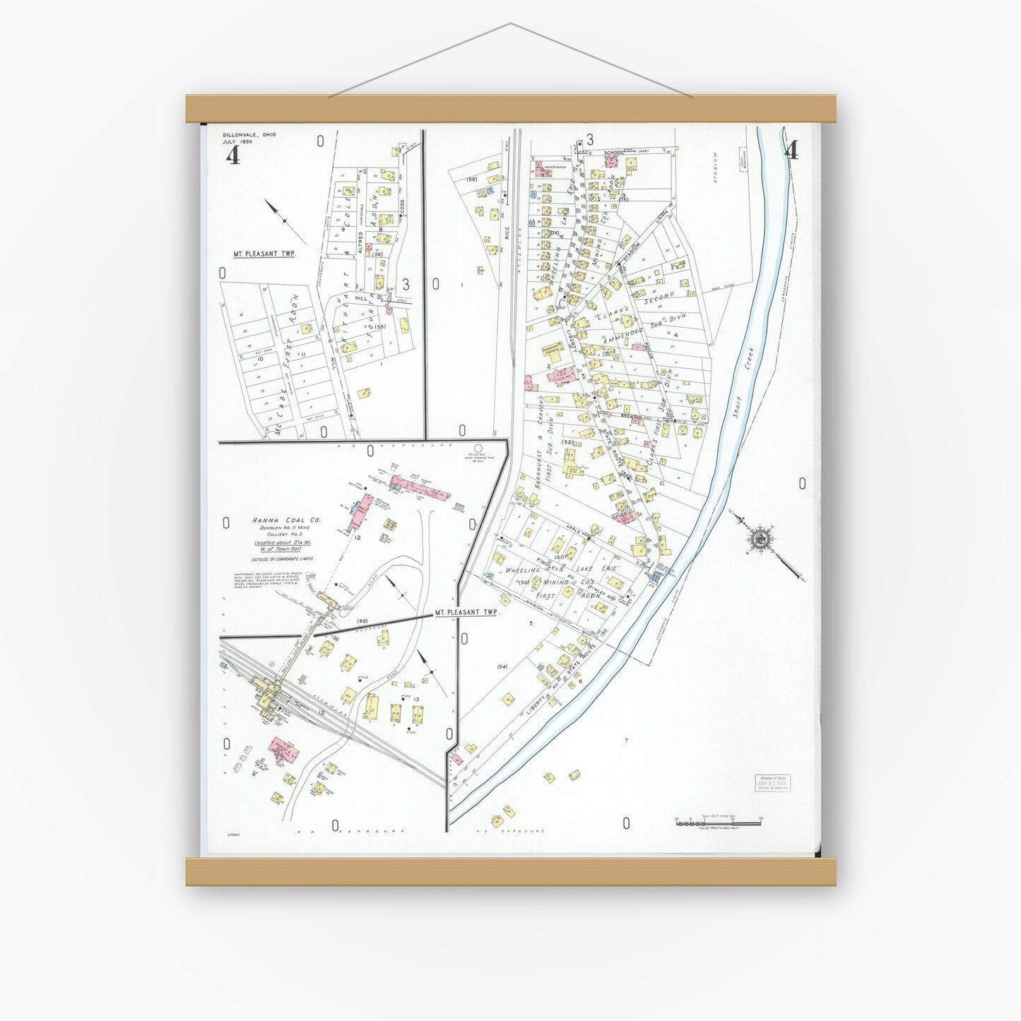 Old map wall art mockup — magnetic wood frame on white wall — Sanborn Fire Insurance Map from Dillonvale, Jefferson County, Ohio (1950), Sheet #0004
