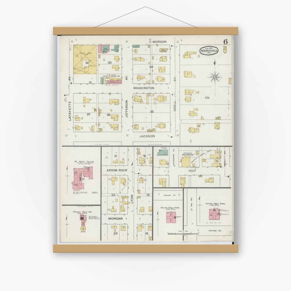 Old map wall art mockup — magnetic wood frame on white wall — Sanborn Fire Insurance Map from Marshall, Saline County, Missouri (1894), Sheet #0006