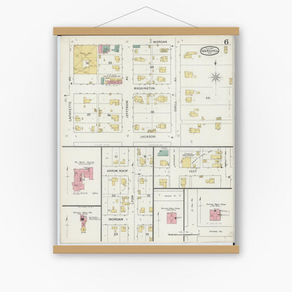 Old map wall art mockup — magnetic wood frame on white wall — Sanborn Fire Insurance Map from Marshall, Saline County, Missouri (1894), Sheet #0006