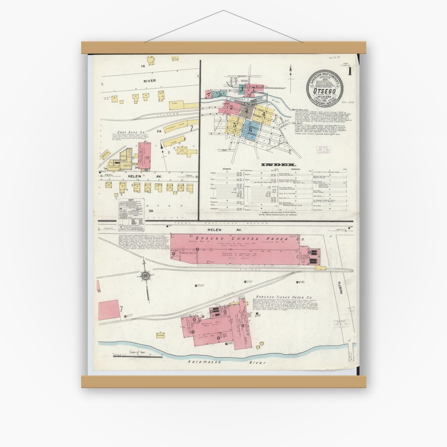 Old map wall art mockup — magnetic wood frame on white wall — Sanborn Fire Insurance Map from Otsego, Allegan County, Michigan (1911) - Complete Map Set