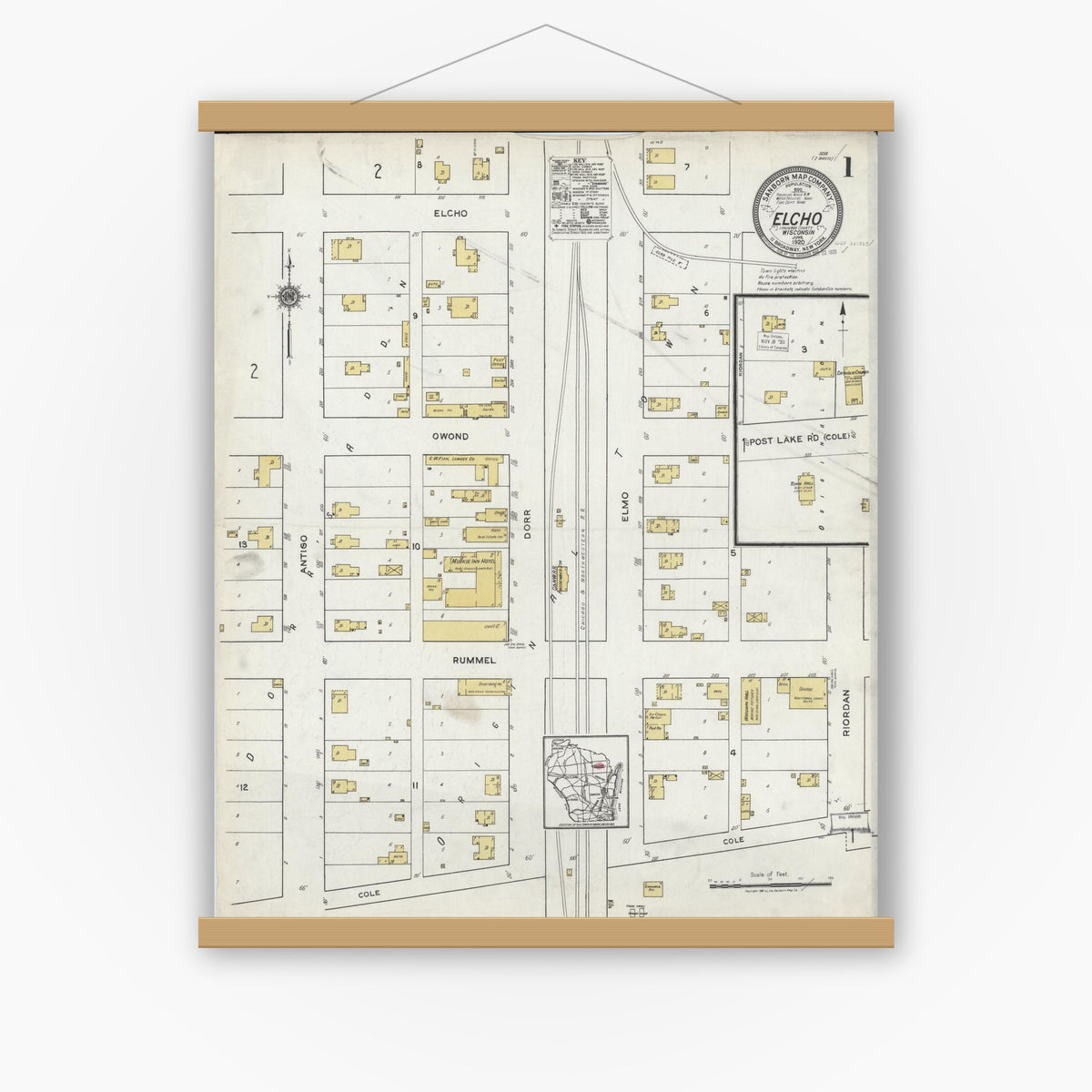 Old map wall art mockup — magnetic wood frame on white wall — Sanborn Fire Insurance Map from Elcho, Langlade County, Wisconsin (1920) - Complete Map Set