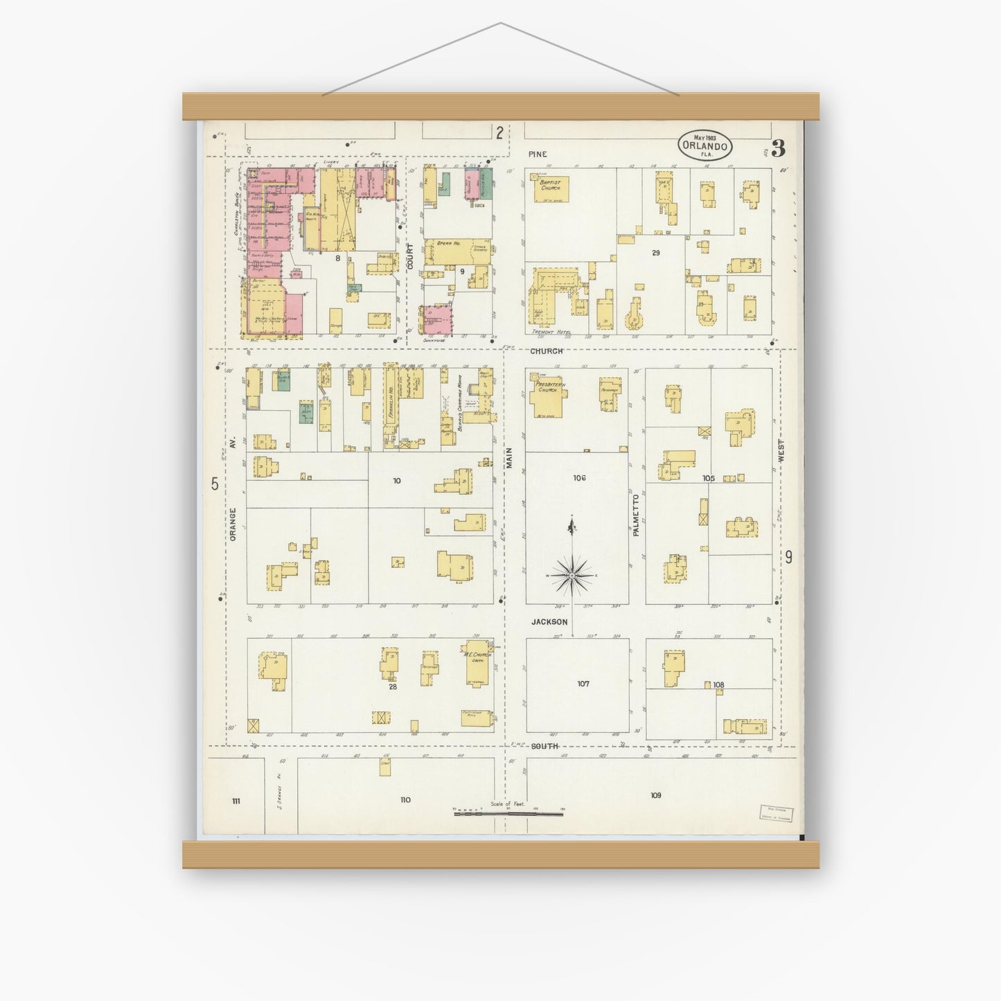 Old map wall art mockup — magnetic wood frame on white wall — Sanborn Fire Insurance Map from Orlando, Orange County, Florida (1903), Sheet #0003