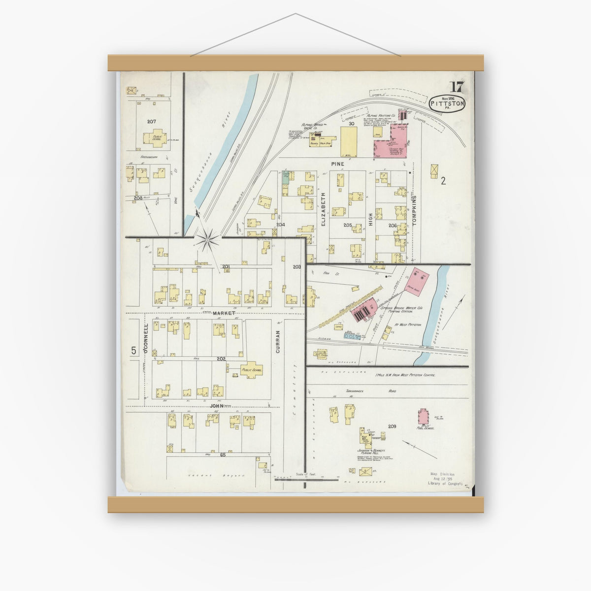 Old map wall art mockup — magnetic wood frame on white wall — Sanborn Fire Insurance Map from Pittston, Luzerne County, Pennsylvania (1896), Sheet #0017