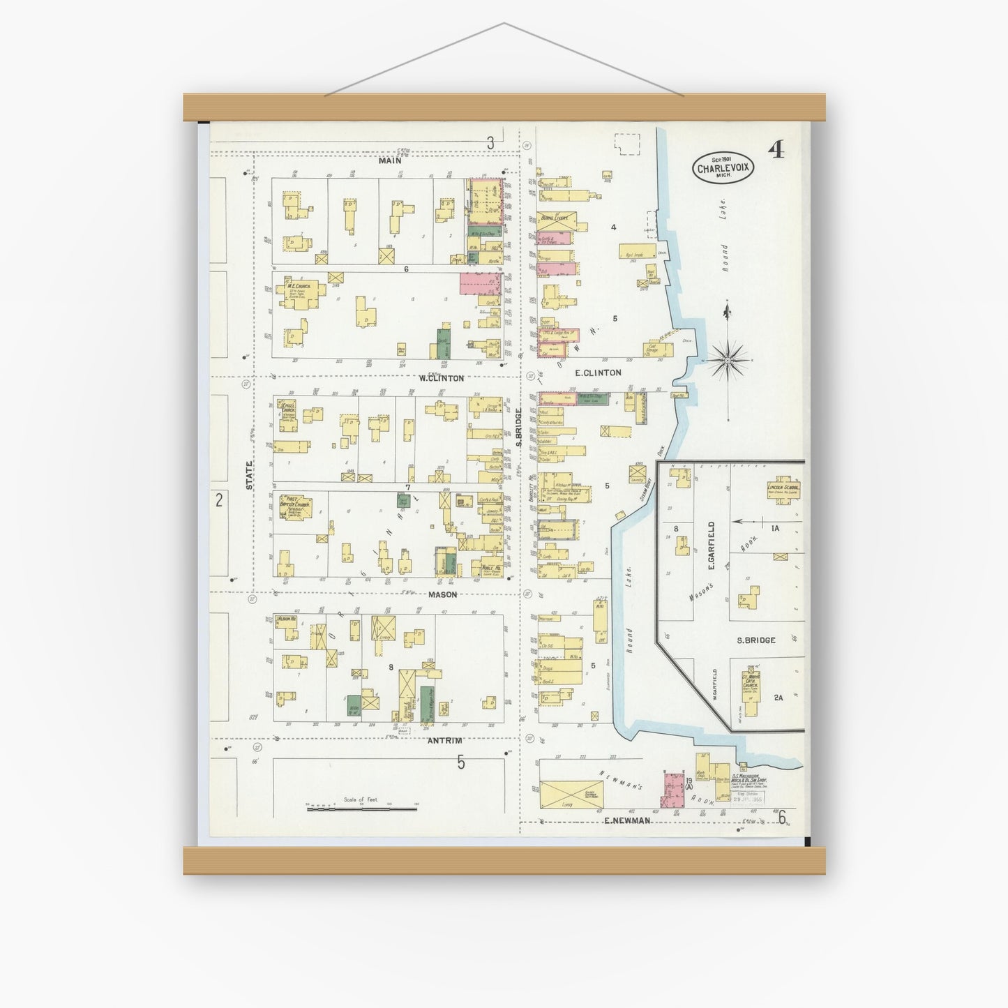 Old map wall art mockup — magnetic wood frame on white wall — Sanborn Fire Insurance Map from Charlevoix, Charlevoix County, Michigan (1901), Sheet #0004