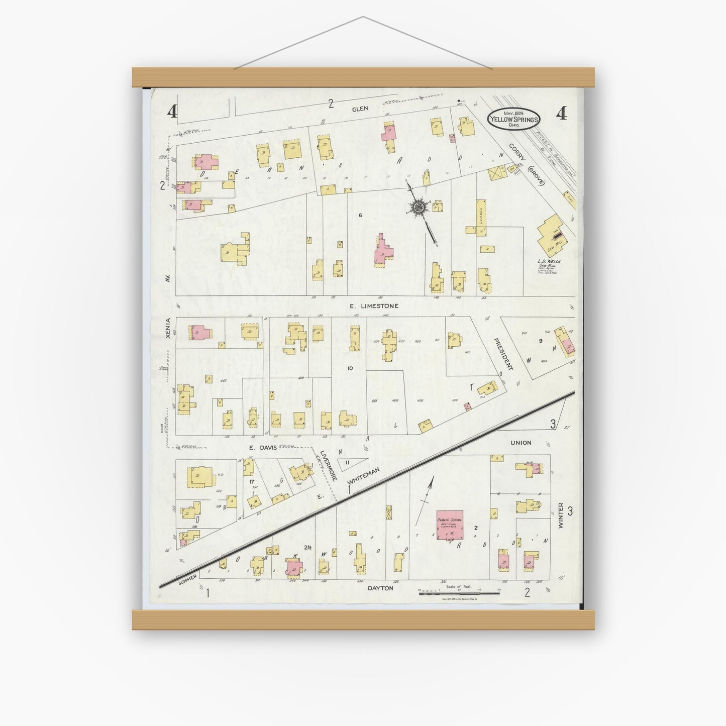Old map wall art mockup — magnetic wood frame on white wall — Sanborn Fire Insurance Map from Yellow Springs, Greene County, Ohio (1924), Sheet #0004
