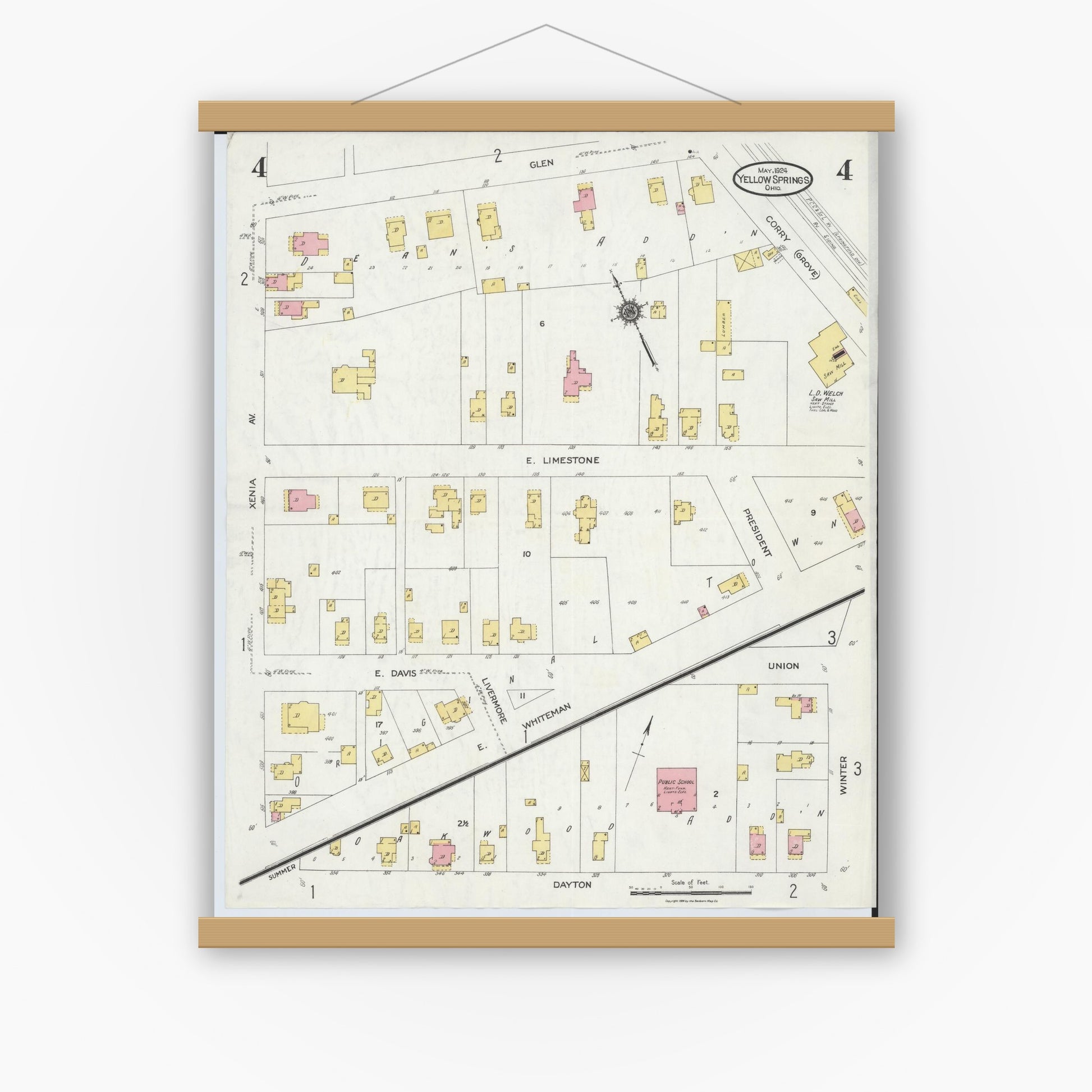 Old map wall art mockup — magnetic wood frame on white wall — Sanborn Fire Insurance Map from Yellow Springs, Greene County, Ohio (1924), Sheet #0004
