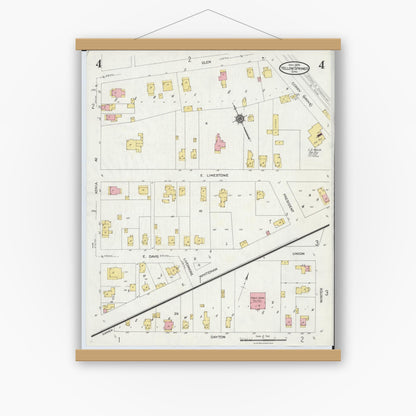 Old map wall art mockup — magnetic wood frame on white wall — Sanborn Fire Insurance Map from Yellow Springs, Greene County, Ohio (1924), Sheet #0004