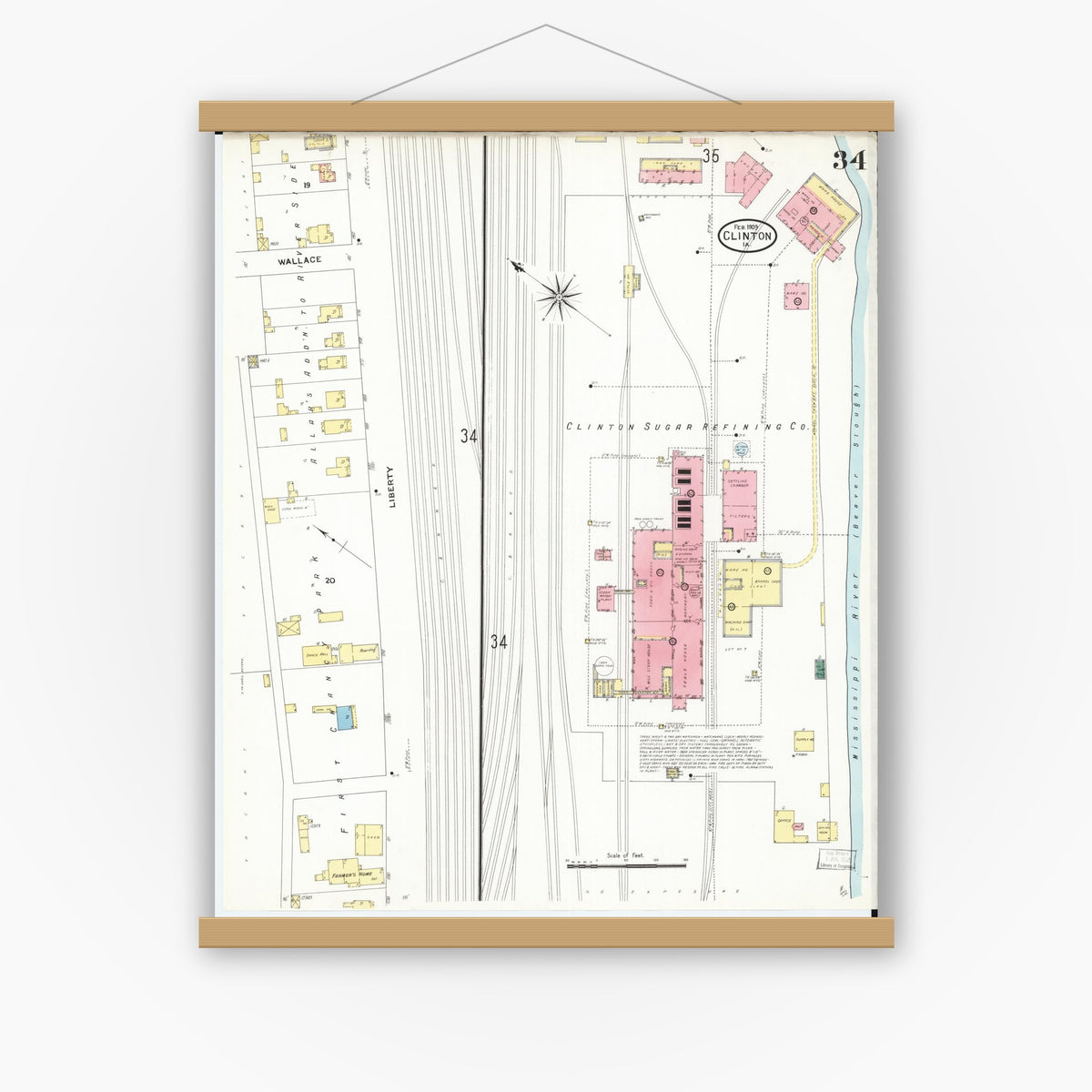 Old map wall art mockup — magnetic wood frame on white wall — Sanborn Fire Insurance Map from Clinton, Clinton County, Iowa (1909), Sheet #0034