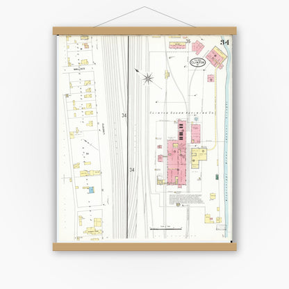 Old map wall art mockup — magnetic wood frame on white wall — Sanborn Fire Insurance Map from Clinton, Clinton County, Iowa (1909), Sheet #0034