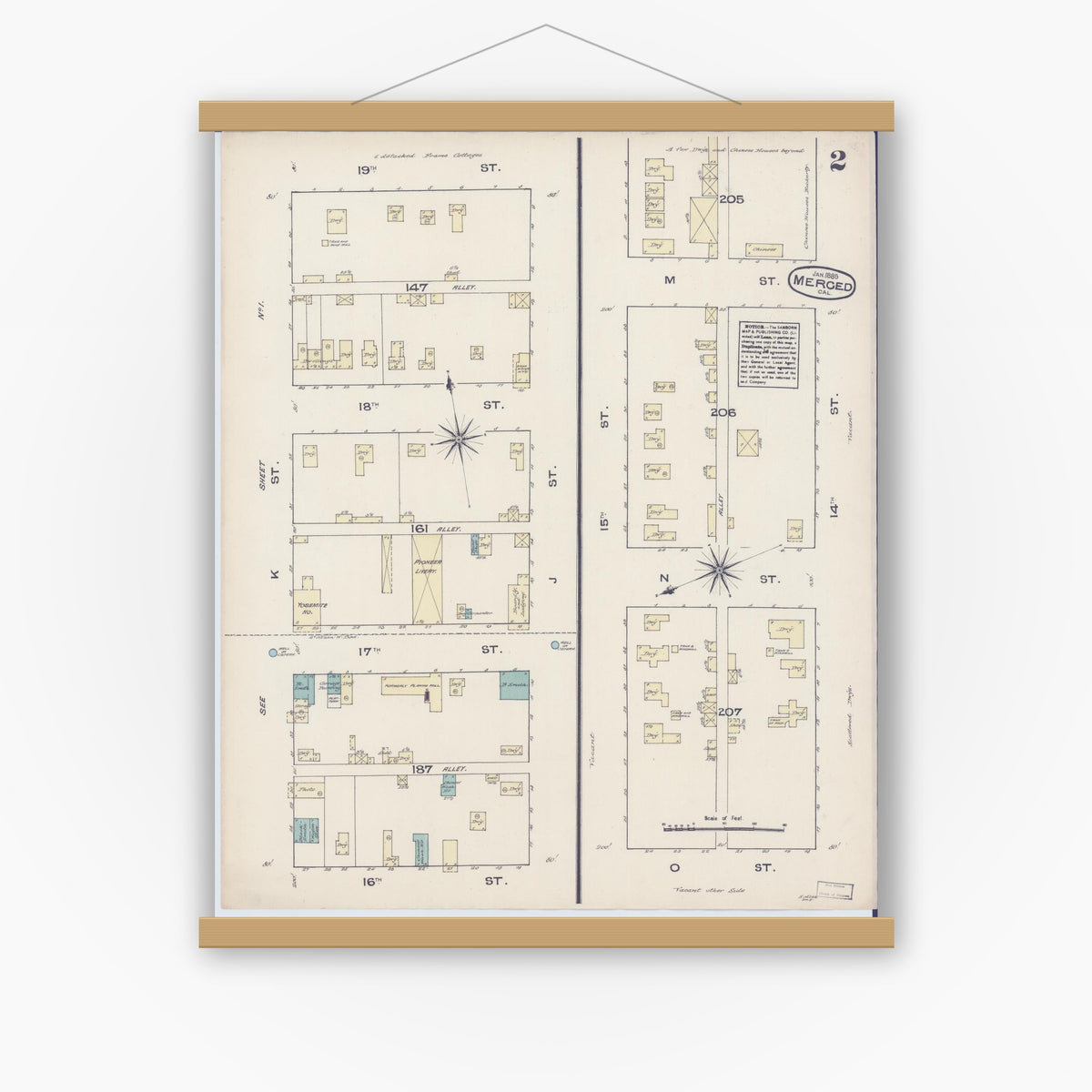 Old map wall art mockup — magnetic wood frame on white wall — Sanborn Fire Insurance Map from Merced, Merced County, California (1885), Sheet #0002