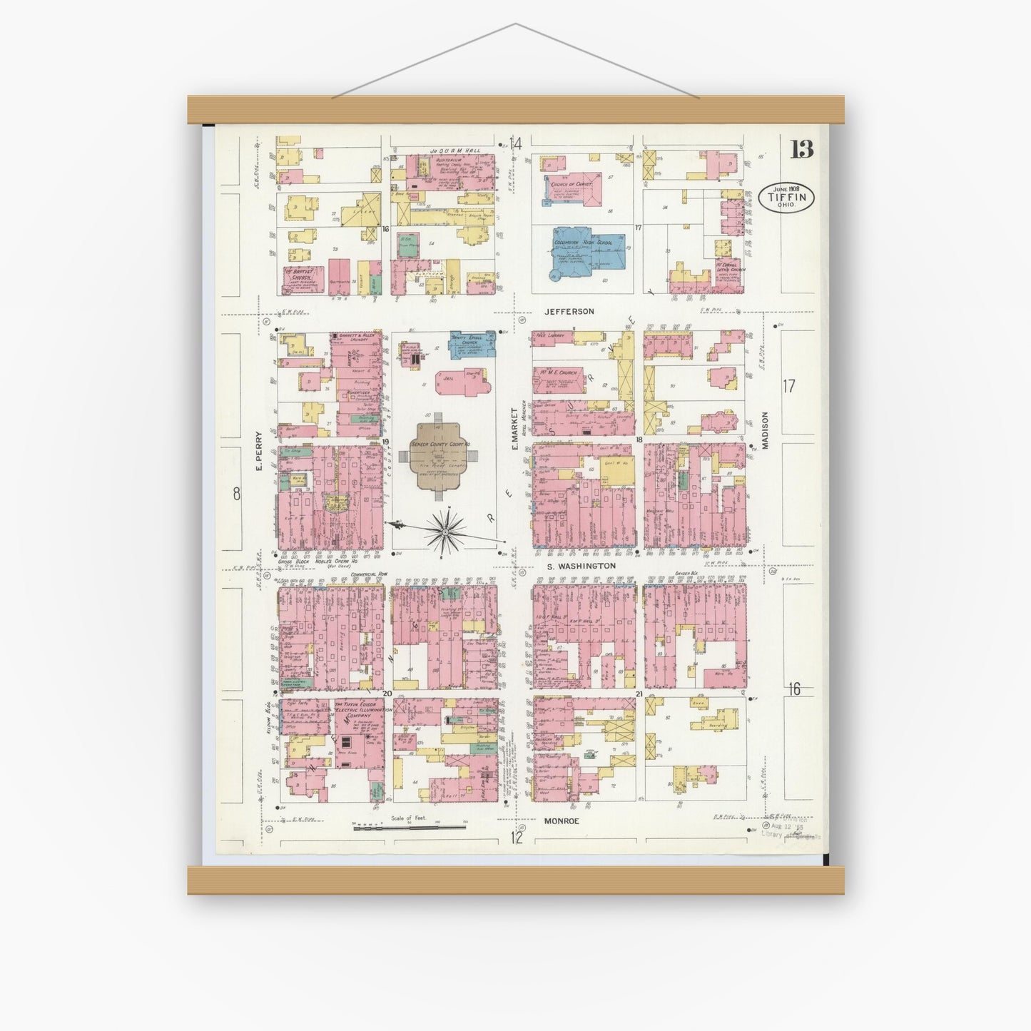 Old map wall art mockup — magnetic wood frame on white wall — Sanborn Fire Insurance Map from Tiffin, Seneca County, Ohio (1908), Sheet #0013