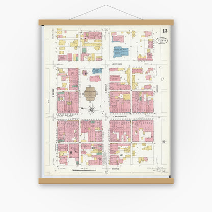 Old map wall art mockup — magnetic wood frame on white wall — Sanborn Fire Insurance Map from Tiffin, Seneca County, Ohio (1908), Sheet #0013