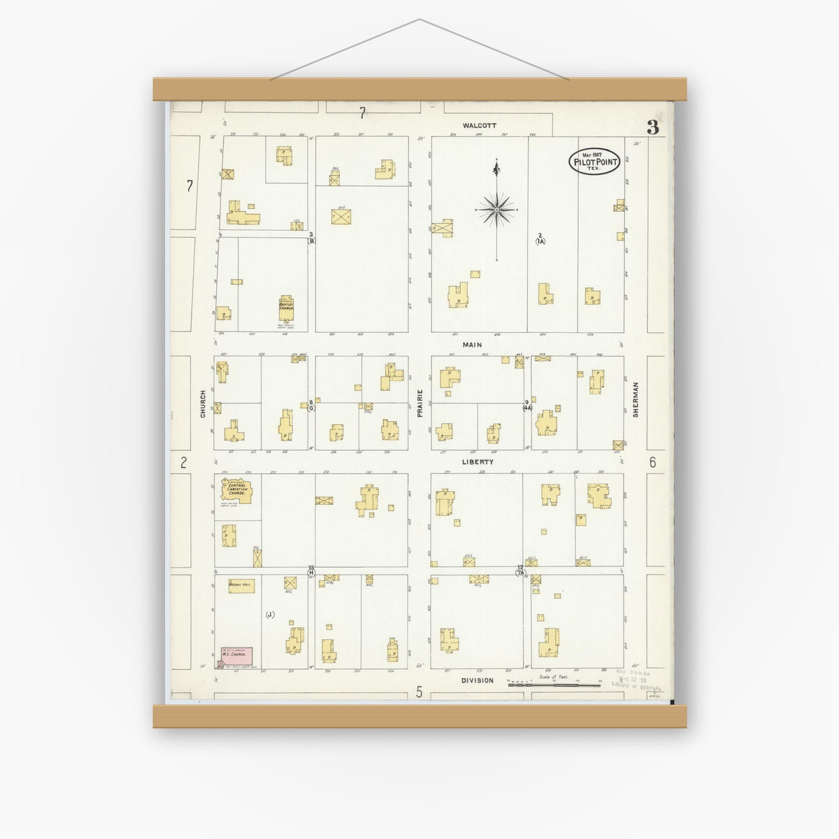 Old map wall art mockup — magnetic wood frame on white wall — Sanborn Fire Insurance Map from Pilot Point, Denton County, Texas (1907), Sheet #0003