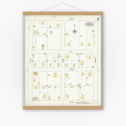 Old map wall art mockup — magnetic wood frame on white wall — Sanborn Fire Insurance Map from Pilot Point, Denton County, Texas (1907), Sheet #0003