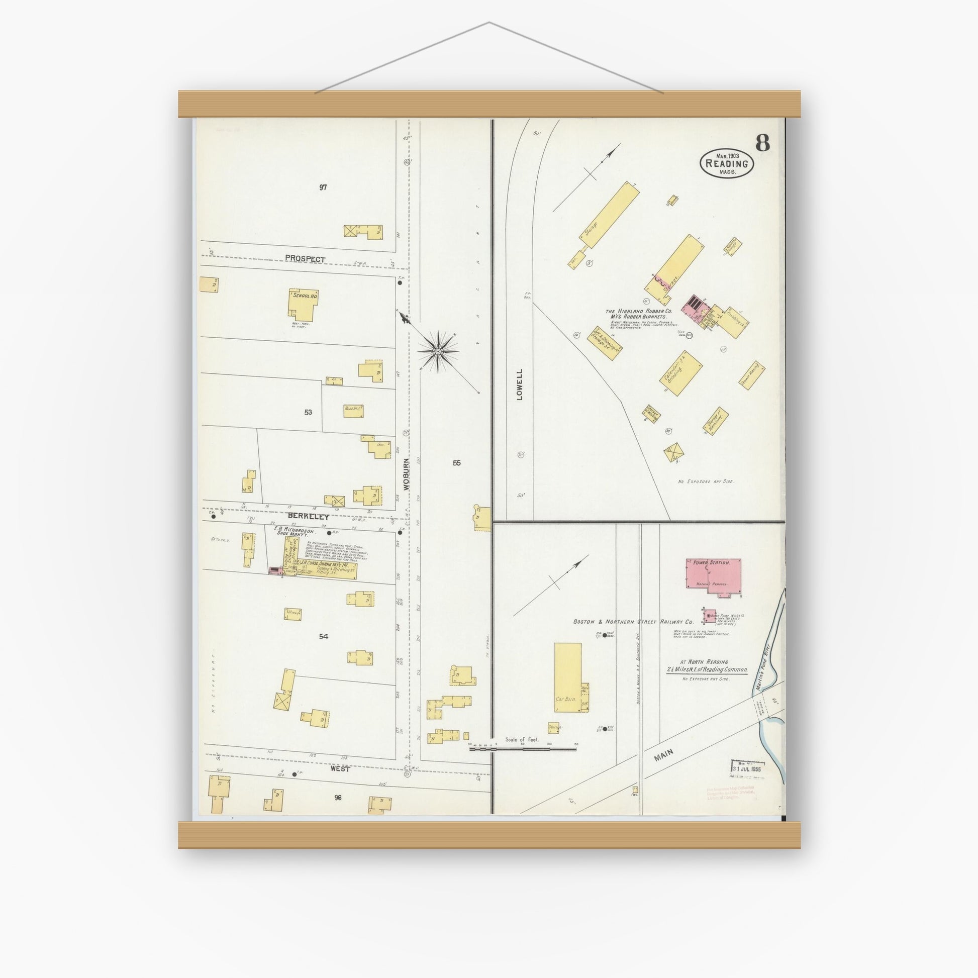Old map wall art mockup — magnetic wood frame on white wall — Sanborn Fire Insurance Map from Reading, Middlesex County, Massachusetts (1903), Sheet #0008