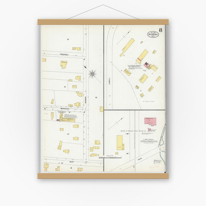 Old map wall art mockup — magnetic wood frame on white wall — Sanborn Fire Insurance Map from Reading, Middlesex County, Massachusetts (1903), Sheet #0008