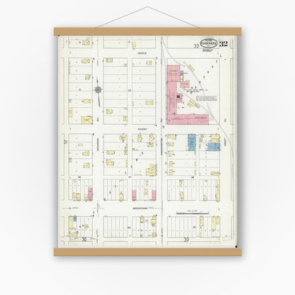 Old map wall art mockup — magnetic wood frame on white wall — Sanborn Fire Insurance Map from Kankakee, Kankakee County, Illinois (1914), Sheet #0032