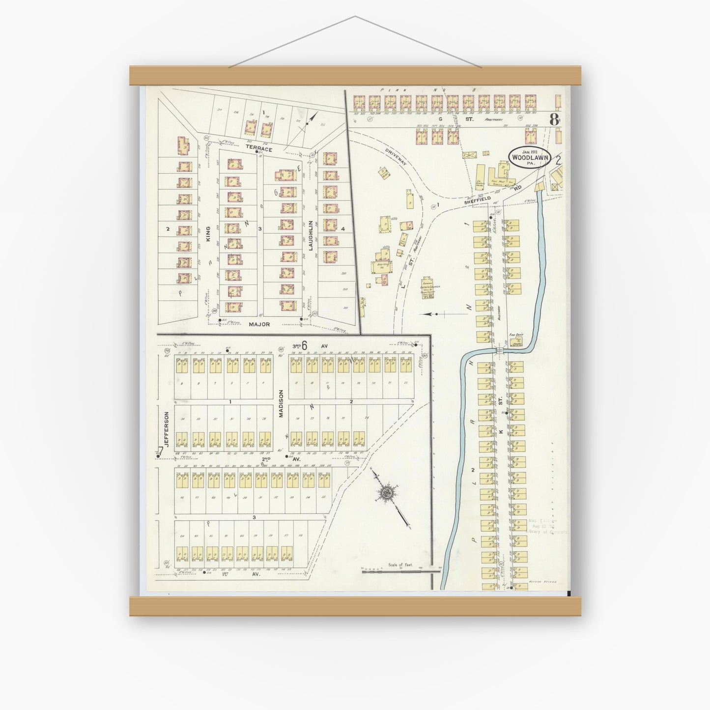 Old map wall art mockup — magnetic wood frame on white wall — Sanborn Fire Insurance Map from Woodlawn, Beaver County, Pennsylvania (1911), Sheet #0008