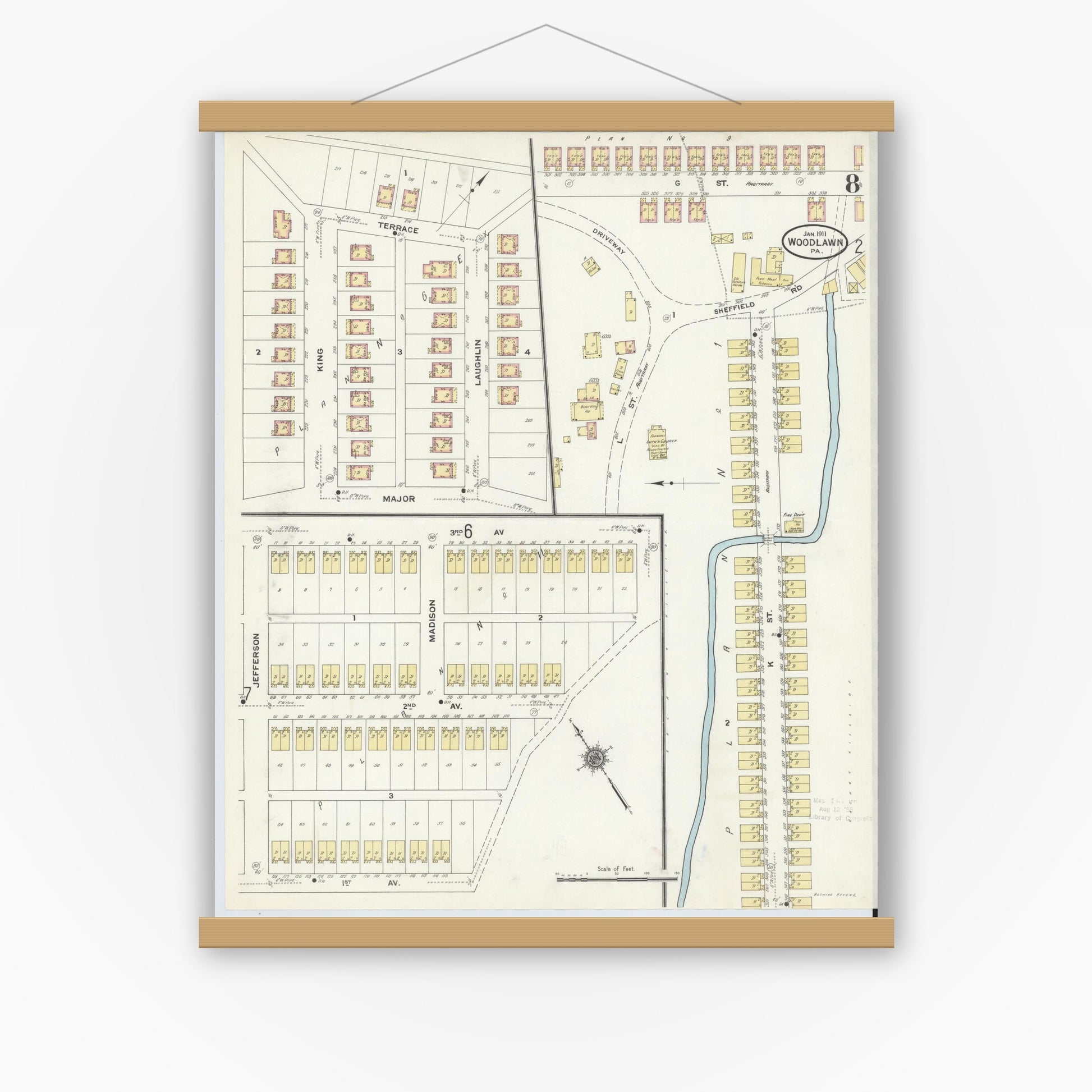 Old map wall art mockup — magnetic wood frame on white wall — Sanborn Fire Insurance Map from Woodlawn, Beaver County, Pennsylvania (1911), Sheet #0008