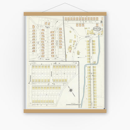 Old map wall art mockup — magnetic wood frame on white wall — Sanborn Fire Insurance Map from Woodlawn, Beaver County, Pennsylvania (1911), Sheet #0008