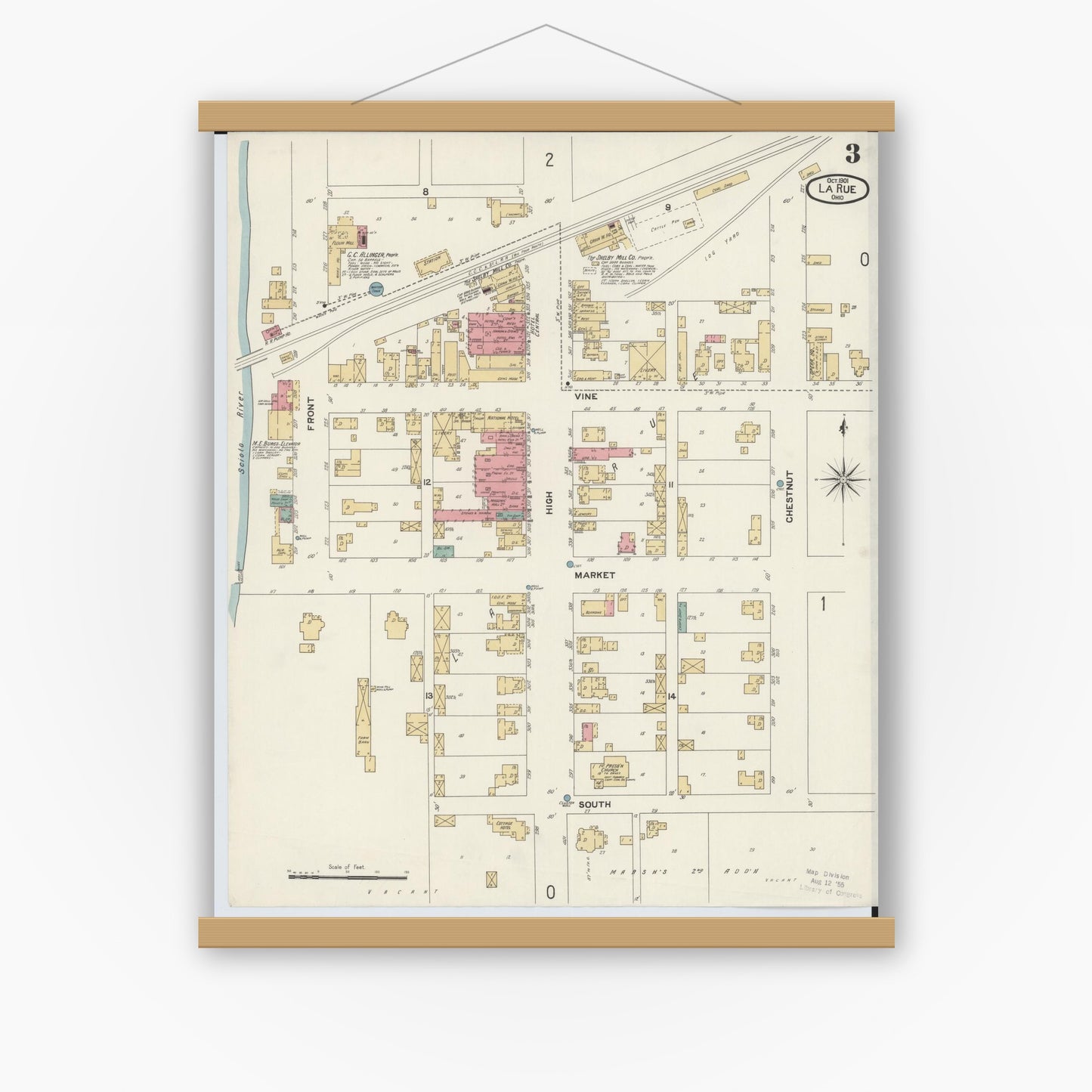 Old map wall art mockup — magnetic wood frame on white wall — Sanborn Fire Insurance Map from La Rue, Marion County, Ohio (1901), Sheet #0003