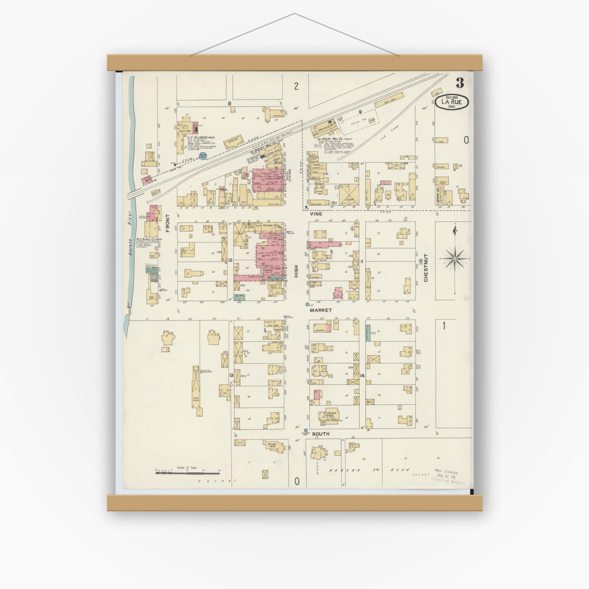 Old map wall art mockup — magnetic wood frame on white wall — Sanborn Fire Insurance Map from La Rue, Marion County, Ohio (1901), Sheet #0003
