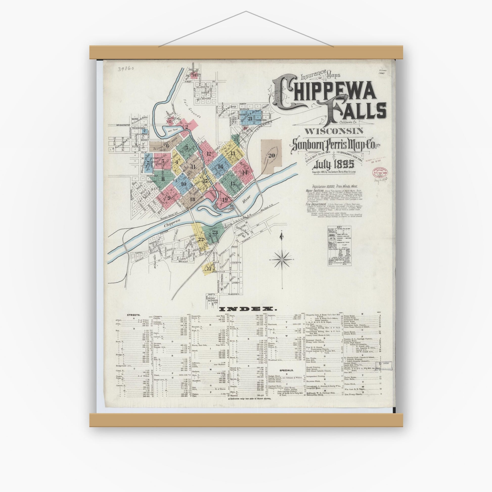 Old map wall art mockup — magnetic wood frame on white wall — Sanborn Fire Insurance Map from Chippewa Falls, Chippewa County, Wisconsin (1895), Sheet #0001