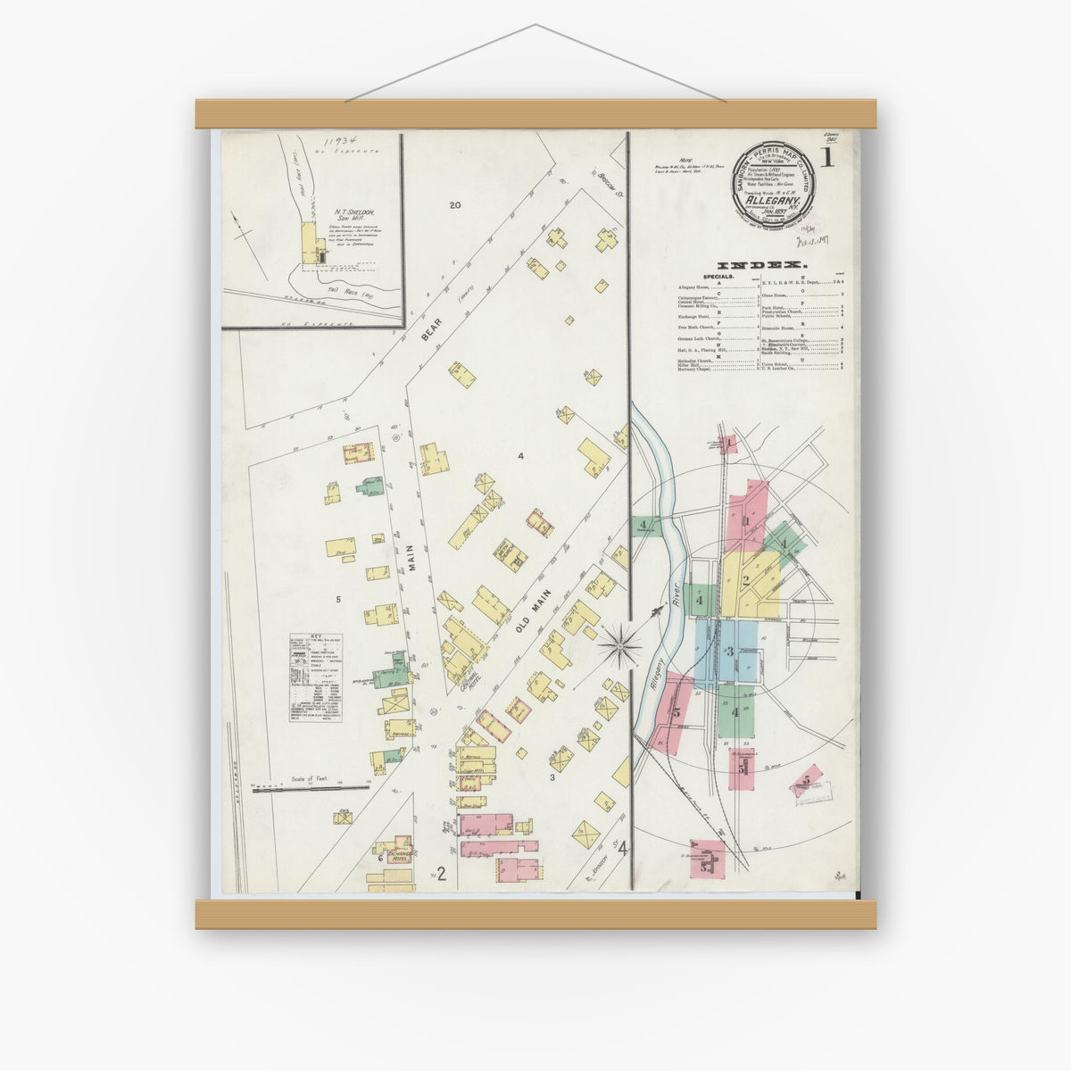 Old map wall art mockup — magnetic wood frame on white wall — Sanborn Fire Insurance Map from Allegany, Cattaraugus County, New York (1897), Sheet #0001