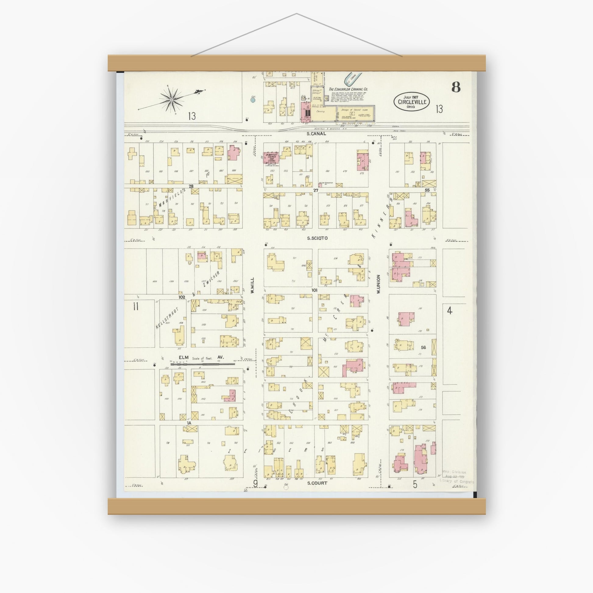 Old map wall art mockup — magnetic wood frame on white wall — Sanborn Fire Insurance Map from Circleville, Pickaway County, Ohio (1907), Sheet #0008