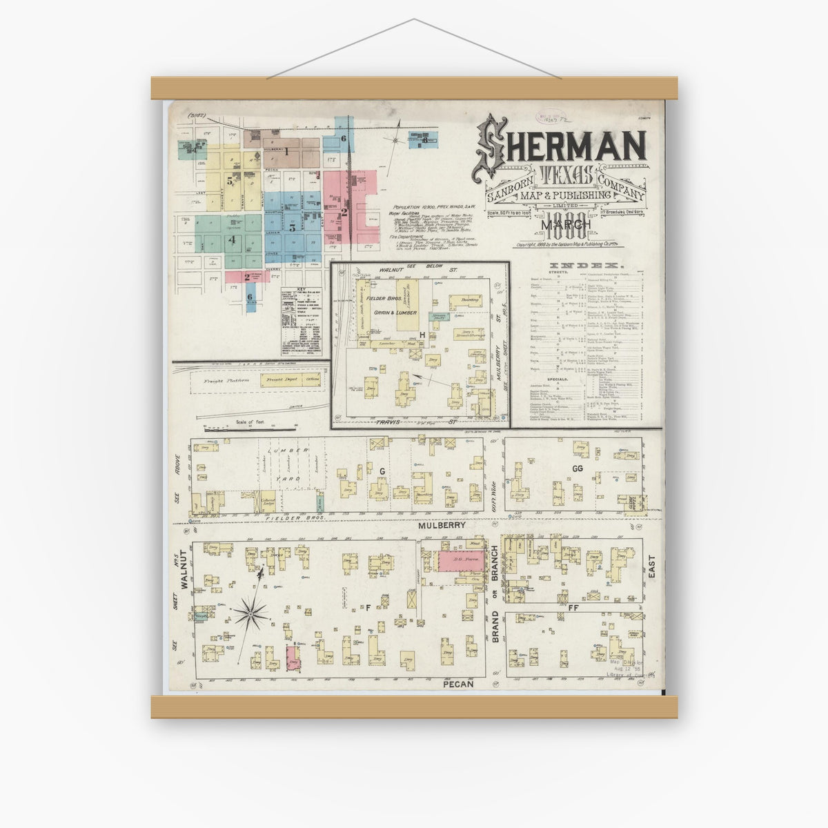 Old map wall art mockup — magnetic wood frame on white wall — Sanborn Fire Insurance Map from Sherman, Grayson County, Texas (1888), Sheet #0001