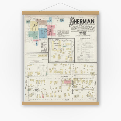 Old map wall art mockup — magnetic wood frame on white wall — Sanborn Fire Insurance Map from Sherman, Grayson County, Texas (1888), Sheet #0001