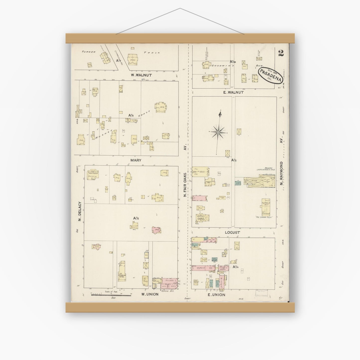 Old map wall art mockup — magnetic wood frame on white wall — Sanborn Fire Insurance Map from Pasadena, Los Angeles County, California (1889) - Complete Map Set