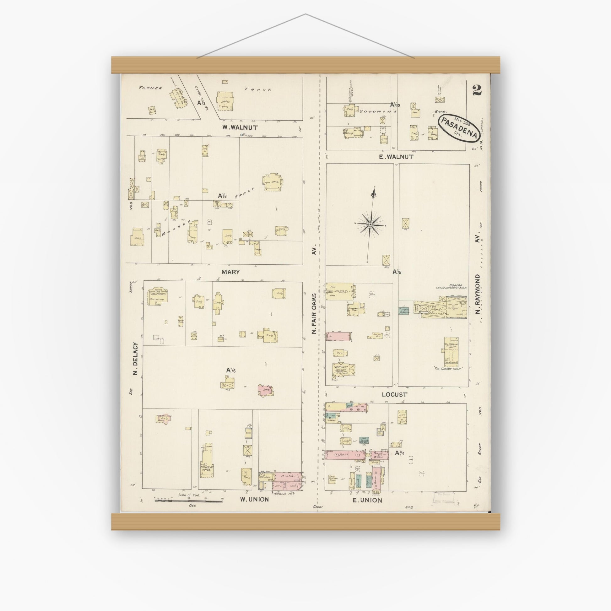 Old map wall art mockup — magnetic wood frame on white wall — Sanborn Fire Insurance Map from Pasadena, Los Angeles County, California (1889) - Complete Map Set
