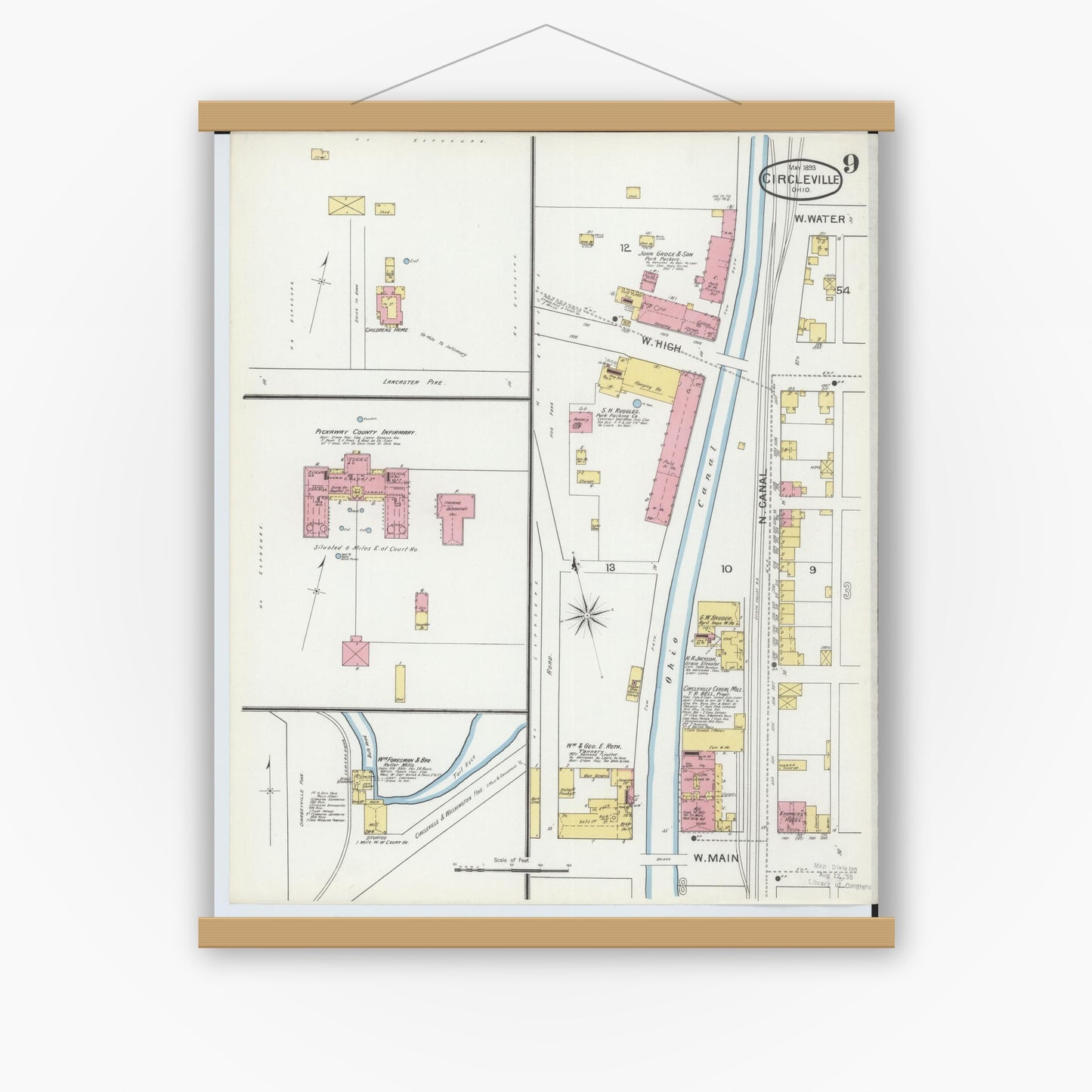 Old map wall art mockup — magnetic wood frame on white wall — Sanborn Fire Insurance Map from Circleville, Pickaway County, Ohio (1893), Sheet #0009