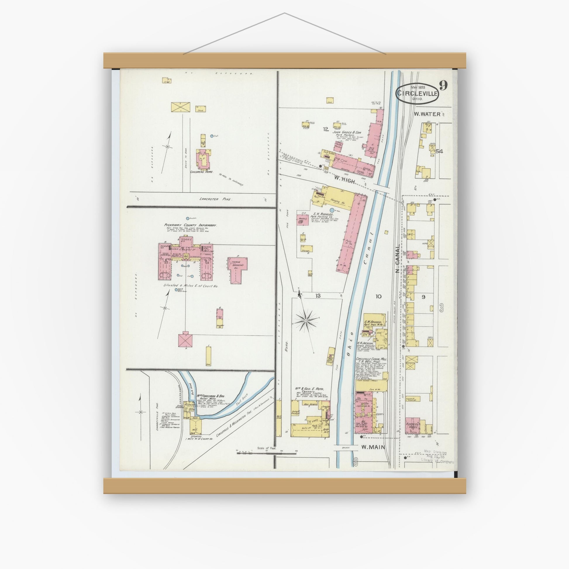 Old map wall art mockup — magnetic wood frame on white wall — Sanborn Fire Insurance Map from Circleville, Pickaway County, Ohio (1893), Sheet #0009
