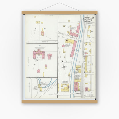 Old map wall art mockup — magnetic wood frame on white wall — Sanborn Fire Insurance Map from Circleville, Pickaway County, Ohio (1893), Sheet #0009