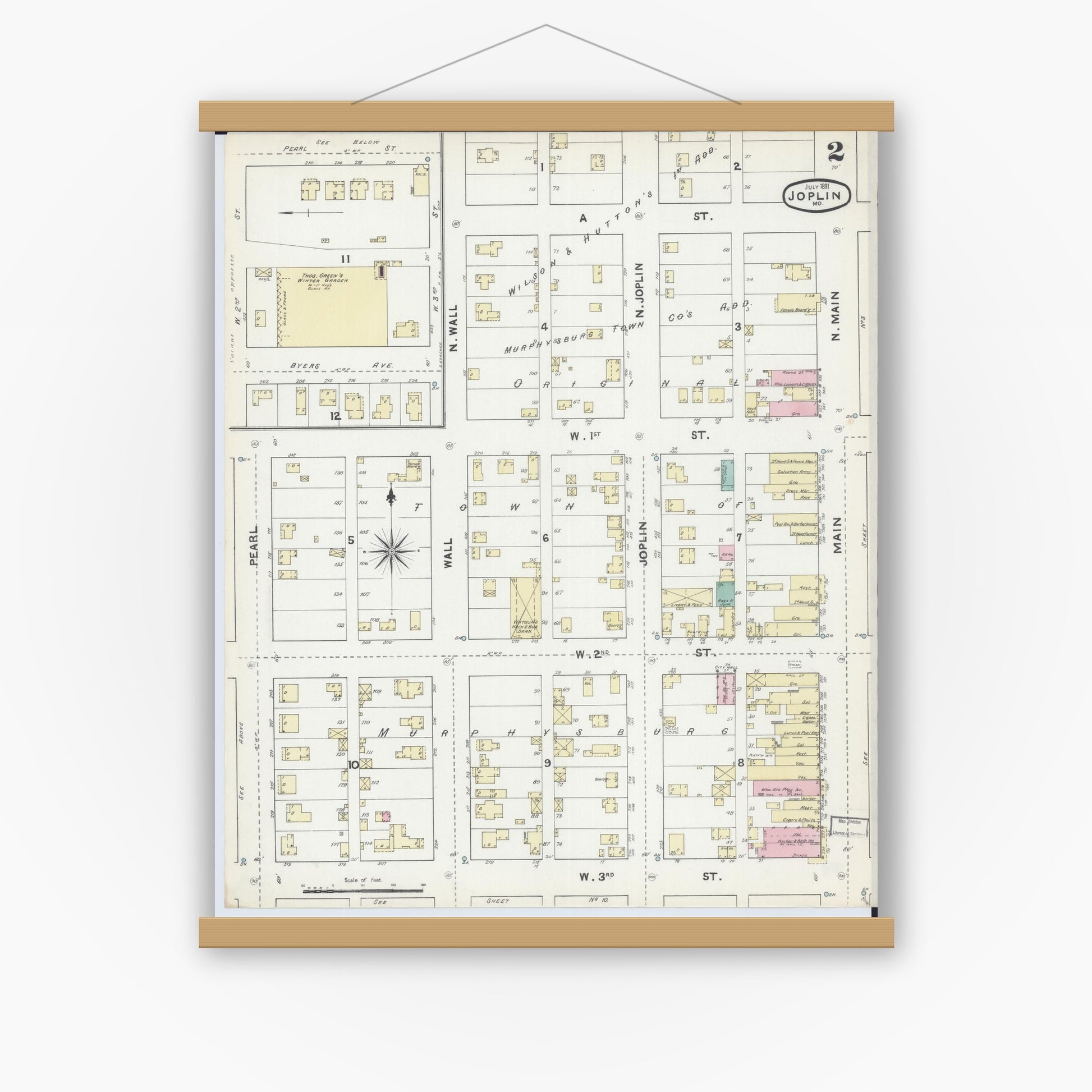 Old map wall art mockup — magnetic wood frame on white wall — Sanborn Fire Insurance Map from Joplin, Jasper County, Missouri (1891), Sheet #0002