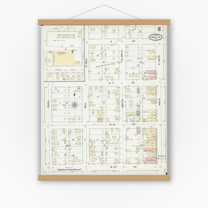 Old map wall art mockup — magnetic wood frame on white wall — Sanborn Fire Insurance Map from Joplin, Jasper County, Missouri (1891), Sheet #0002