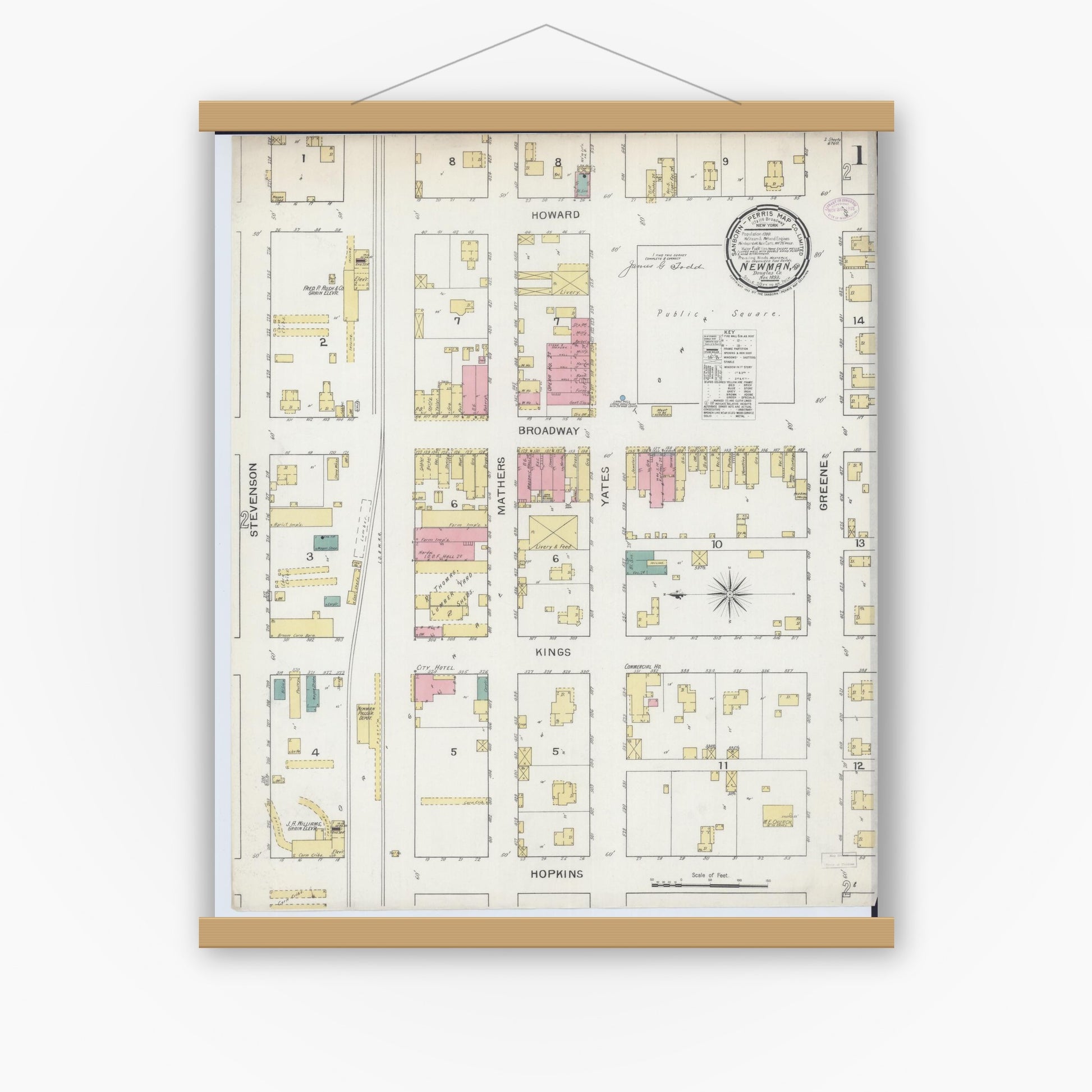 Old map wall art mockup — magnetic wood frame on white wall — Sanborn Fire Insurance Map from Newman, Douglas County, Illinois (1893) - Complete Map Set