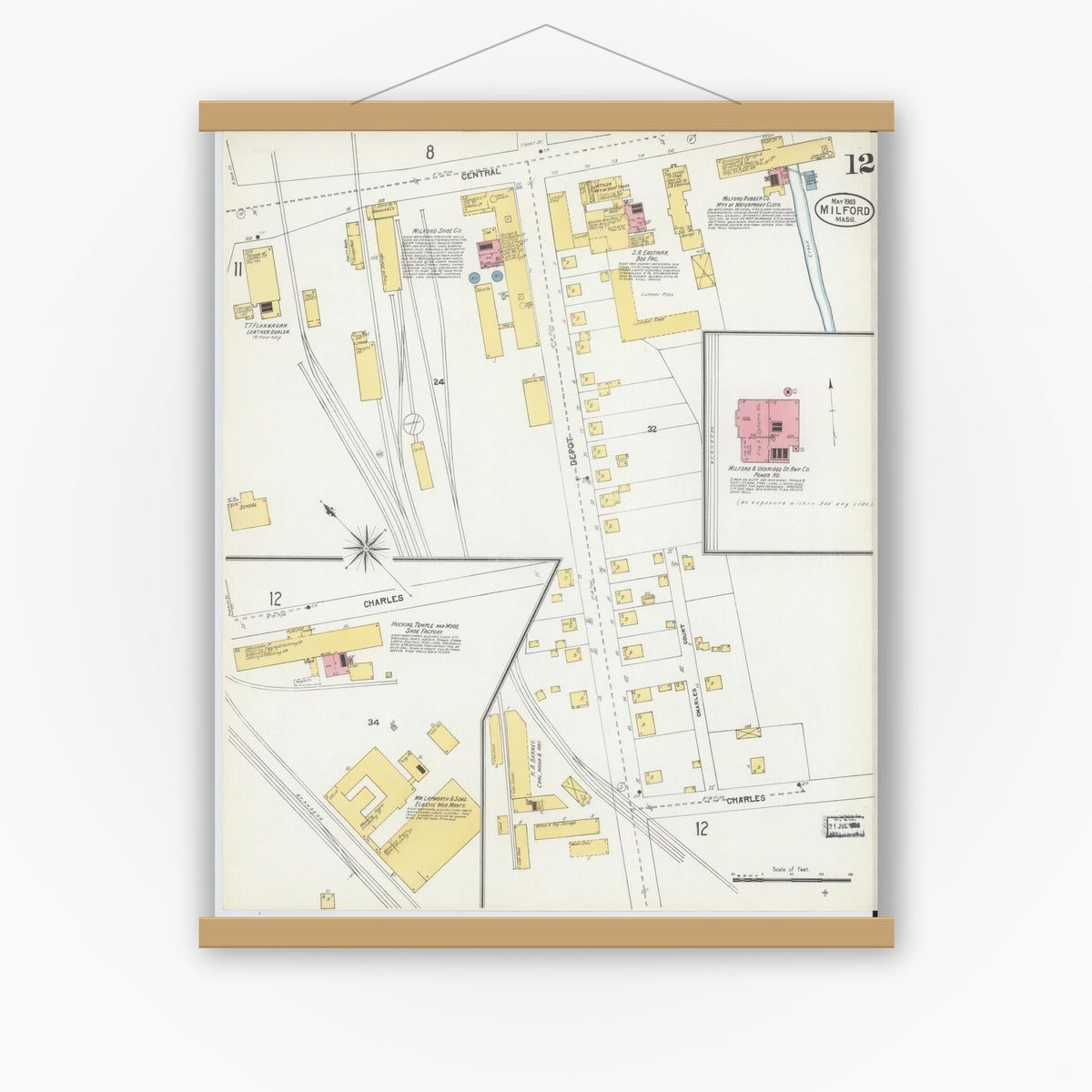 Old map wall art mockup — magnetic wood frame on white wall — Sanborn Fire Insurance Map from Milford, Worcester County, Massachusetts (1903), Sheet #0012