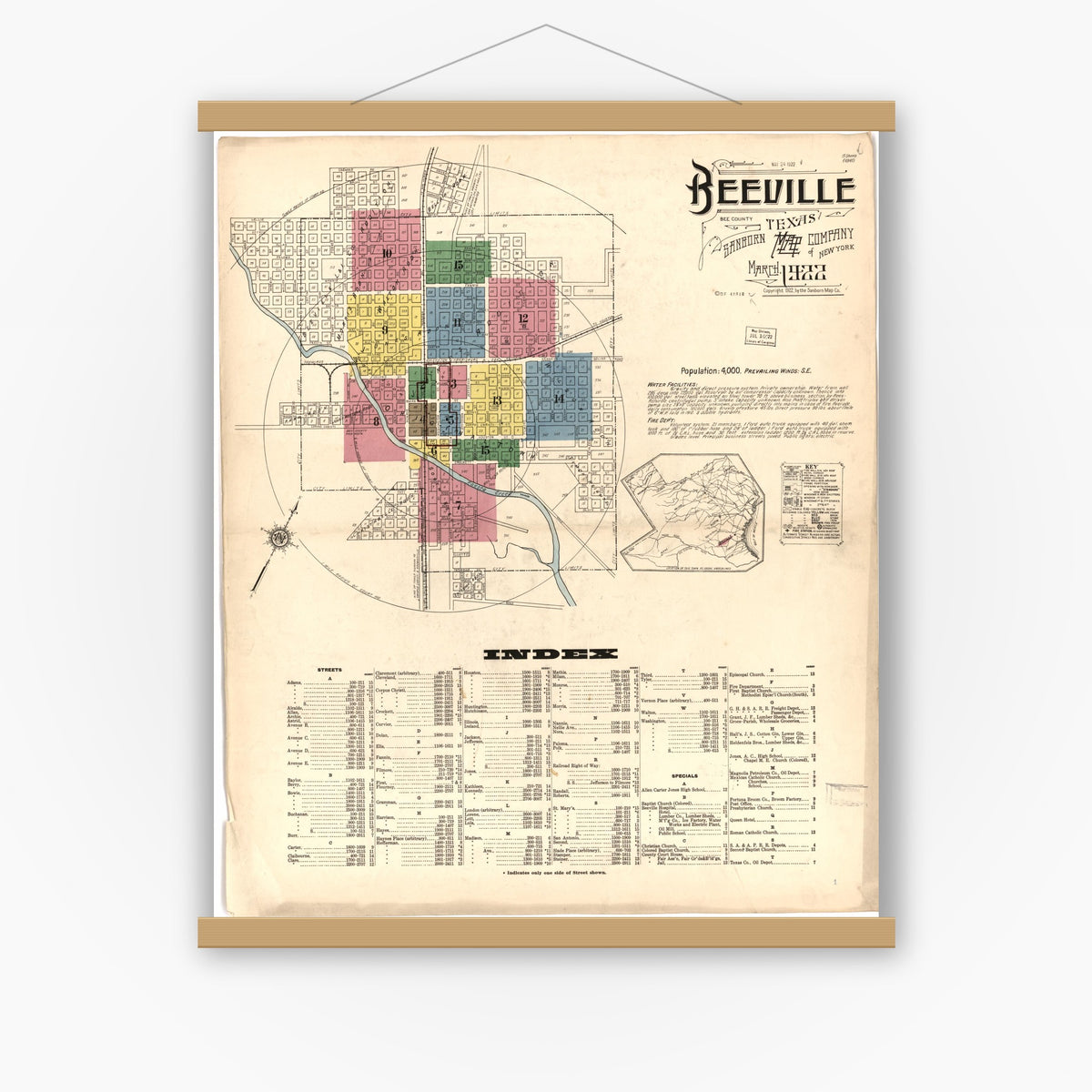Old map wall art mockup — magnetic wood frame on white wall — Sanborn Fire Insurance Map from Beeville, Bee County, Texas (1922), Sheet #0001