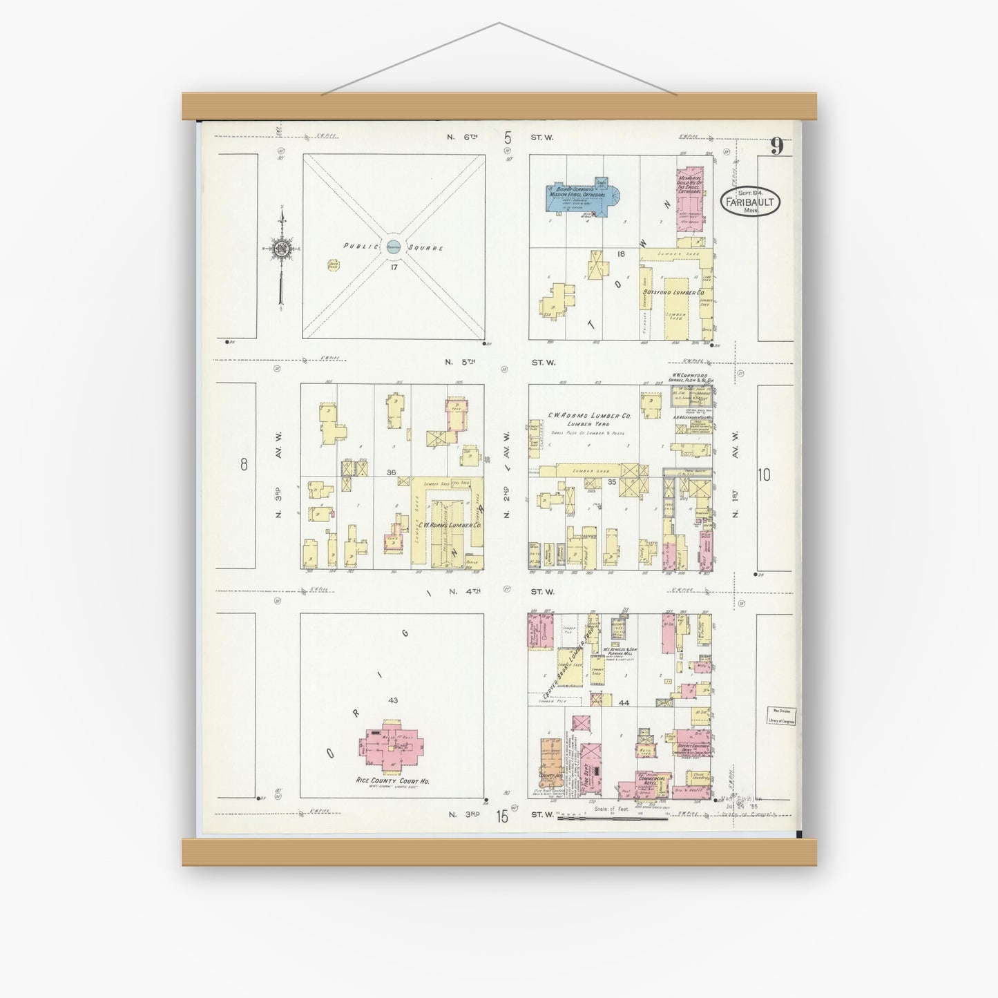 Old map wall art mockup — magnetic wood frame on white wall — Sanborn Fire Insurance Map from Faribault, Rice County, Minnesota (1914), Sheet #0009