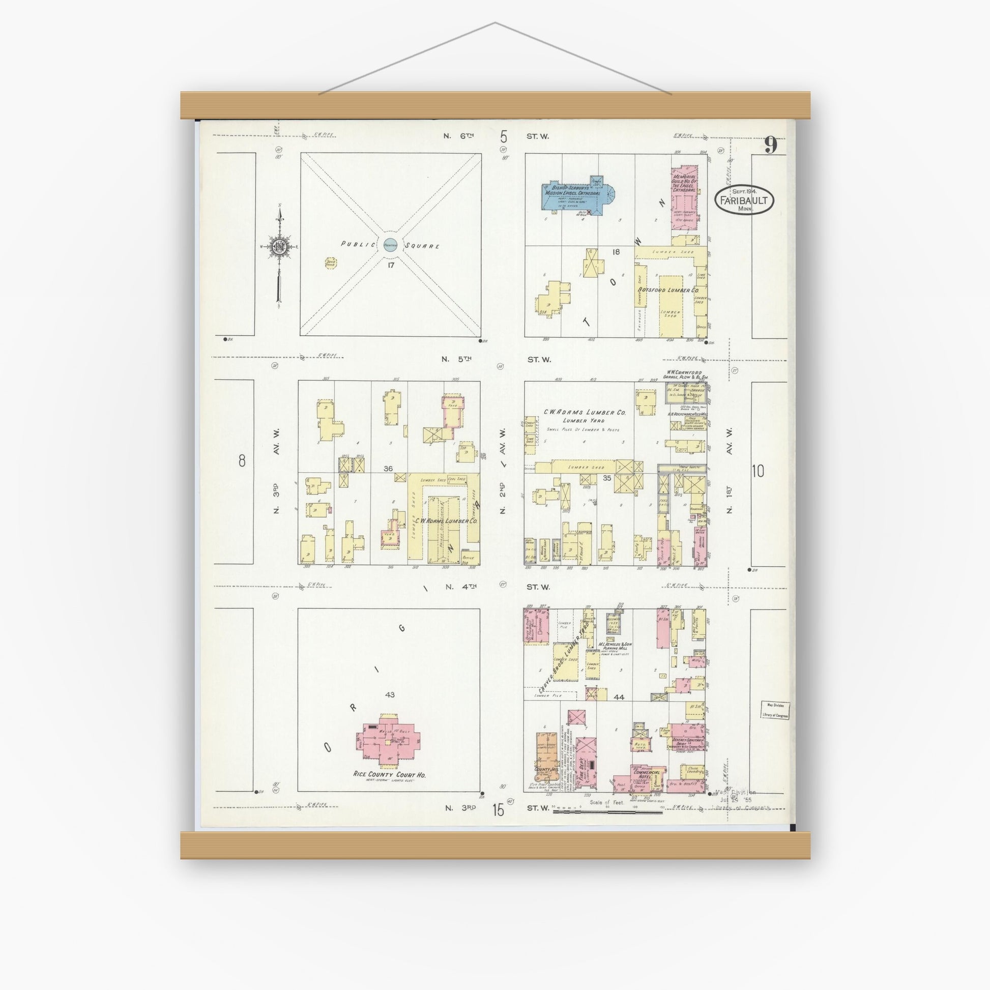 Old map wall art mockup — magnetic wood frame on white wall — Sanborn Fire Insurance Map from Faribault, Rice County, Minnesota (1914), Sheet #0009