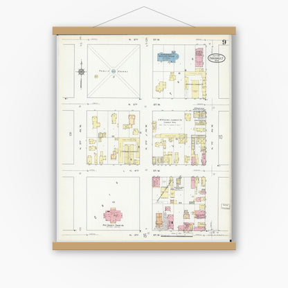 Old map wall art mockup — magnetic wood frame on white wall — Sanborn Fire Insurance Map from Faribault, Rice County, Minnesota (1914), Sheet #0009
