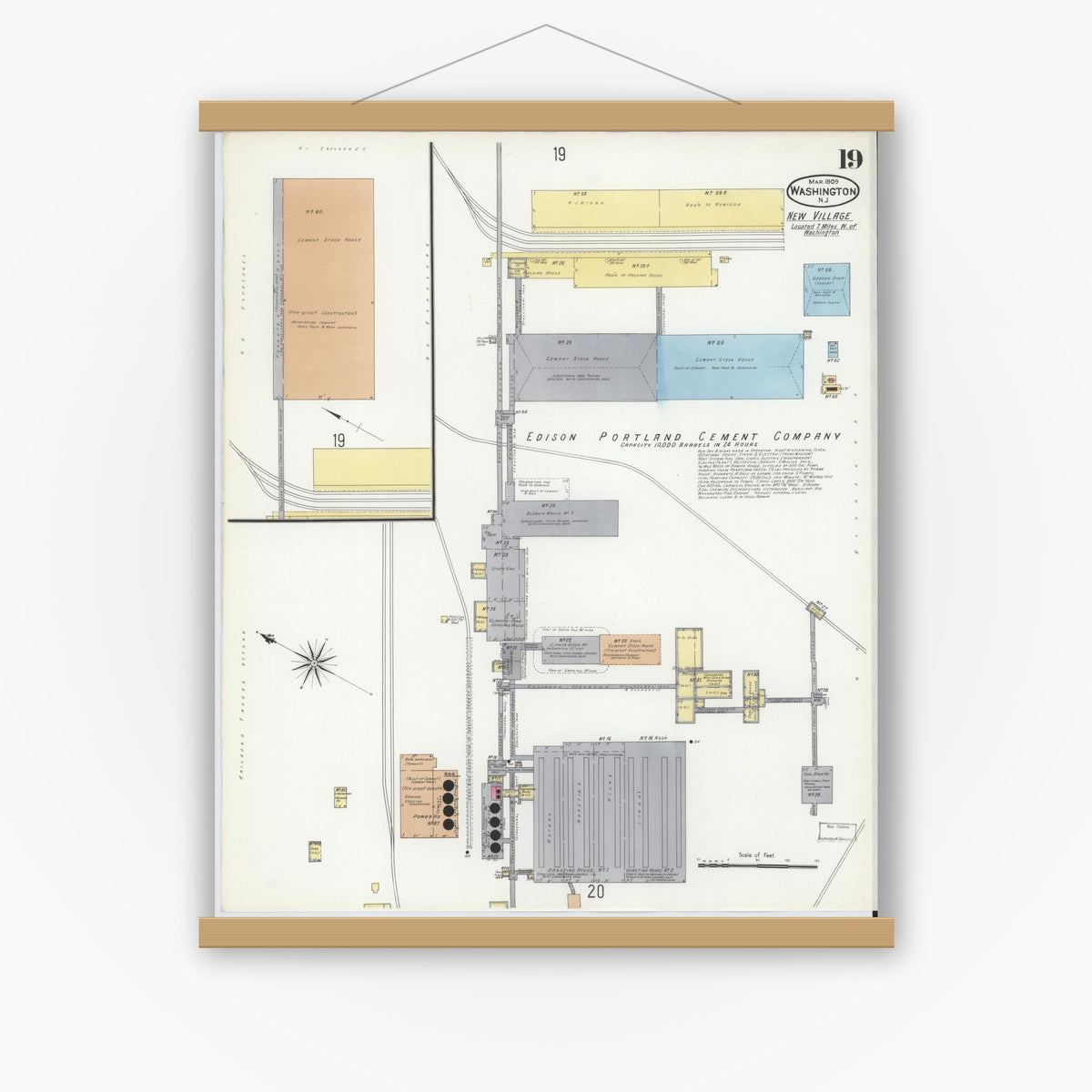 Old map wall art mockup — magnetic wood frame on white wall — Sanborn Fire Insurance Map from Washington, Warren County, New Jersey (1909), Sheet #0019