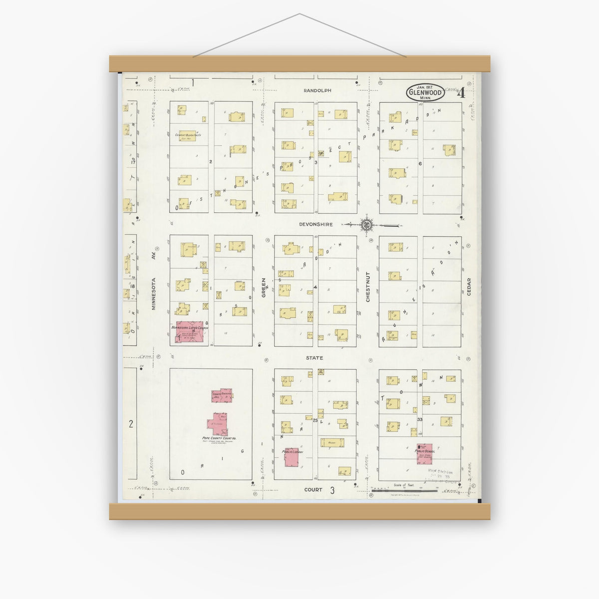 Old map wall art mockup — magnetic wood frame on white wall — Sanborn Fire Insurance Map from Glenwood, Pope County, Minnesota (1917), Sheet #0004